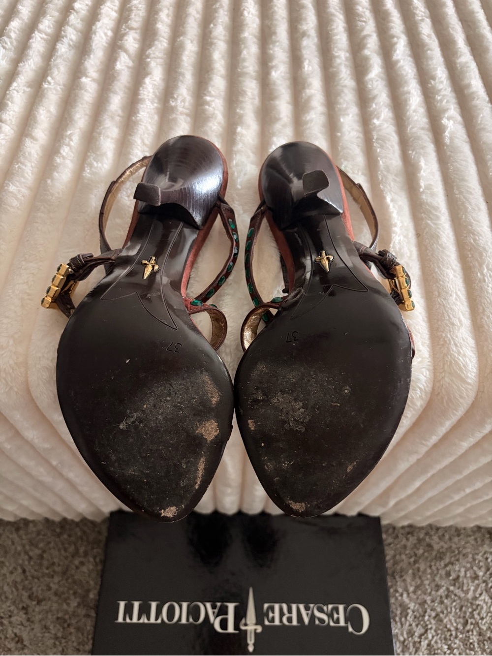 Cesare Paciotti Brown Leather Slingback Heels with Emerald Stones - Picture 5 of 5